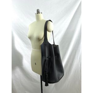 Black leather bucket tote bag